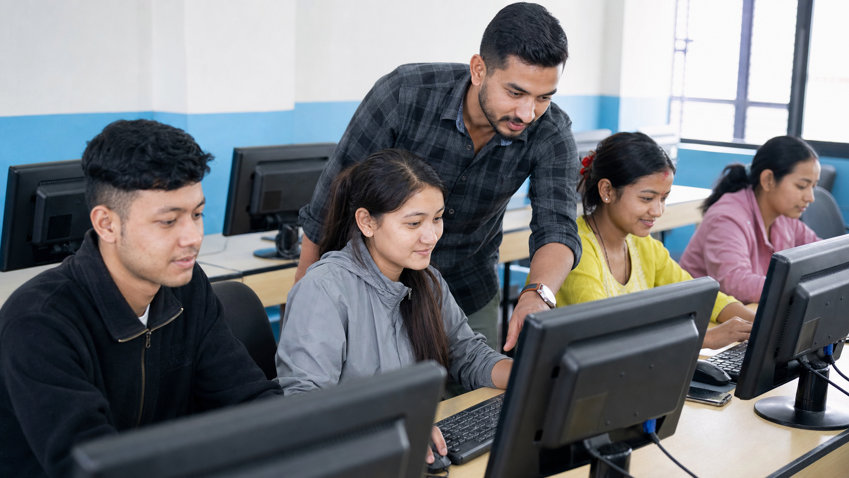 Young Nepali learners receiving practical basic computer training