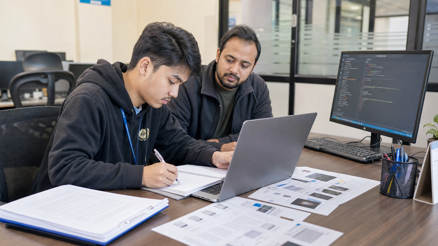 Nepali BCA student preparing an internship report with a workplace mentor