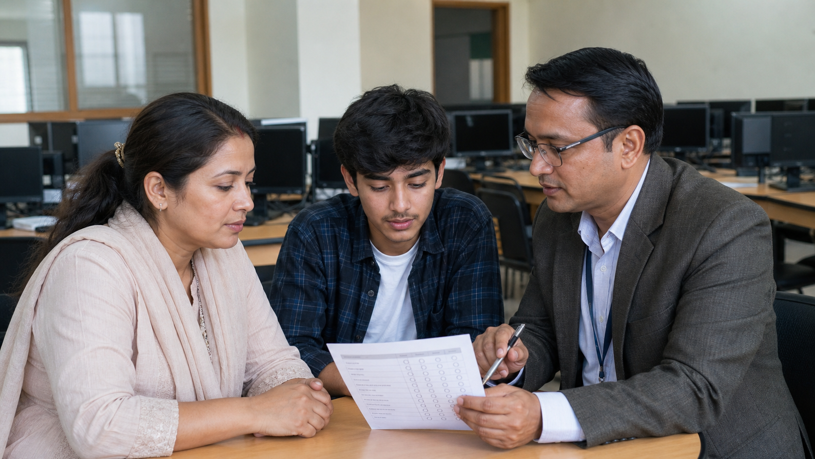 Nepali student and parent comparing a BCA college computer lab with an advisor