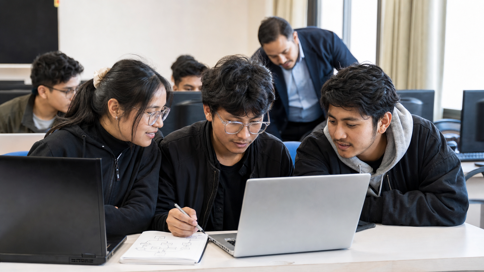 BCA students collaborating on a software project in a computer lab