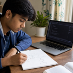 Nepali BCA student tracing an algorithm while learning C programming