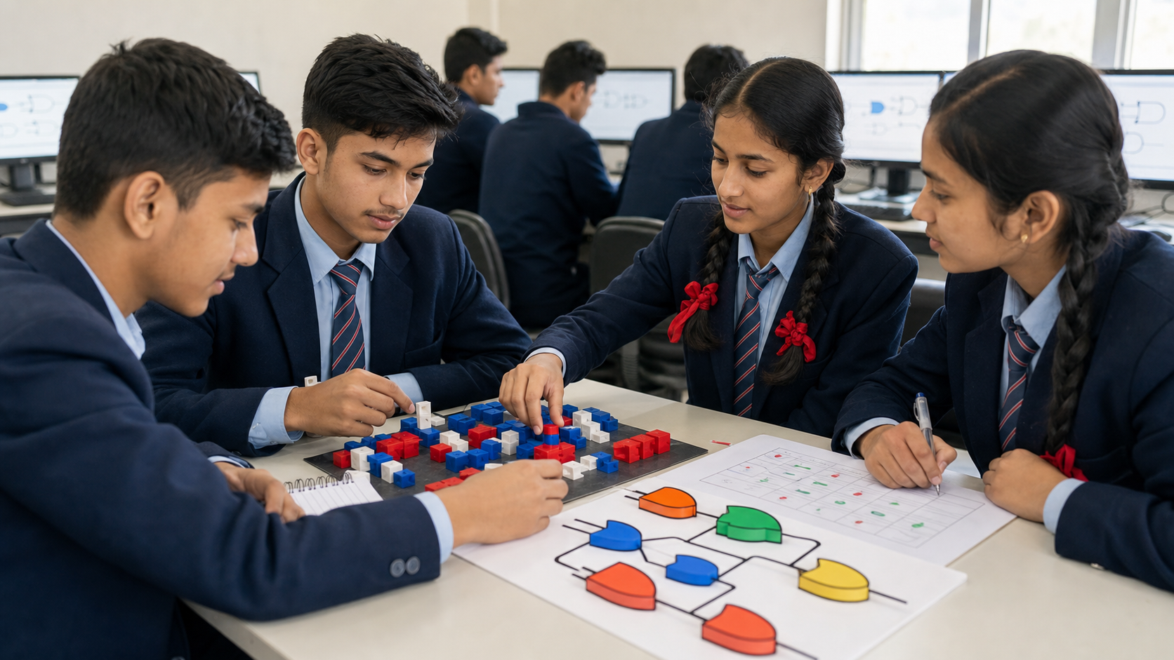 Class 11 Nepali students learning number systems and logic gates