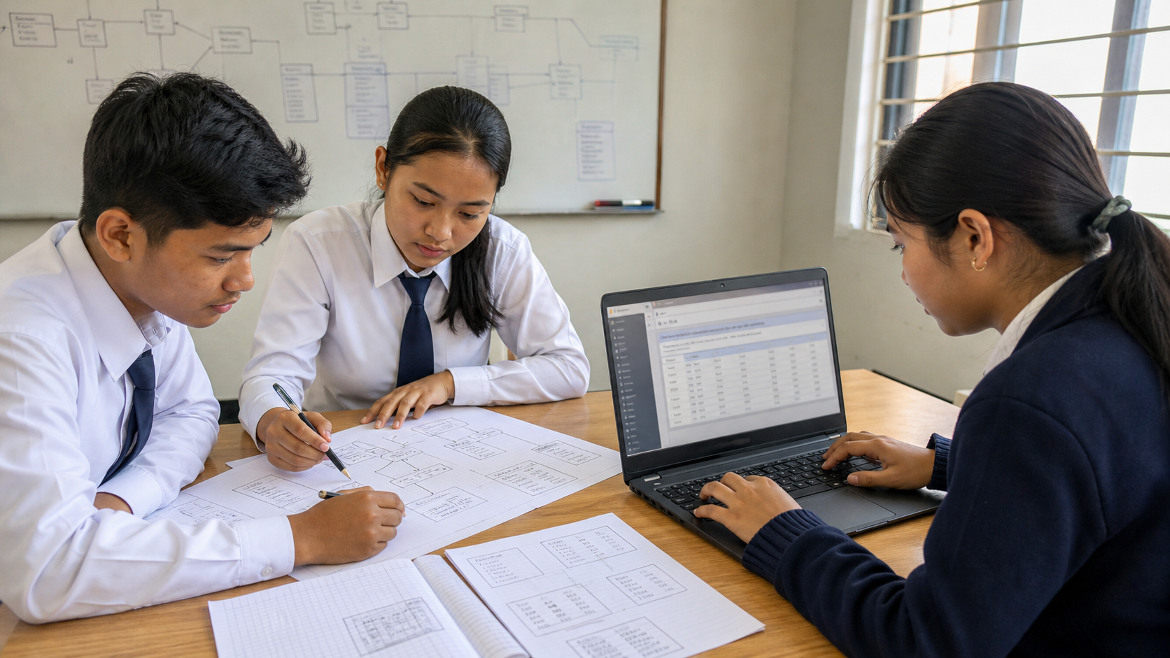 Class 12 Nepali students designing and testing a school database