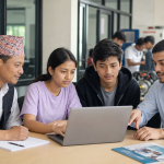 Nepali students and a parent reviewing CTEVT admission and scholarship options with an advisor