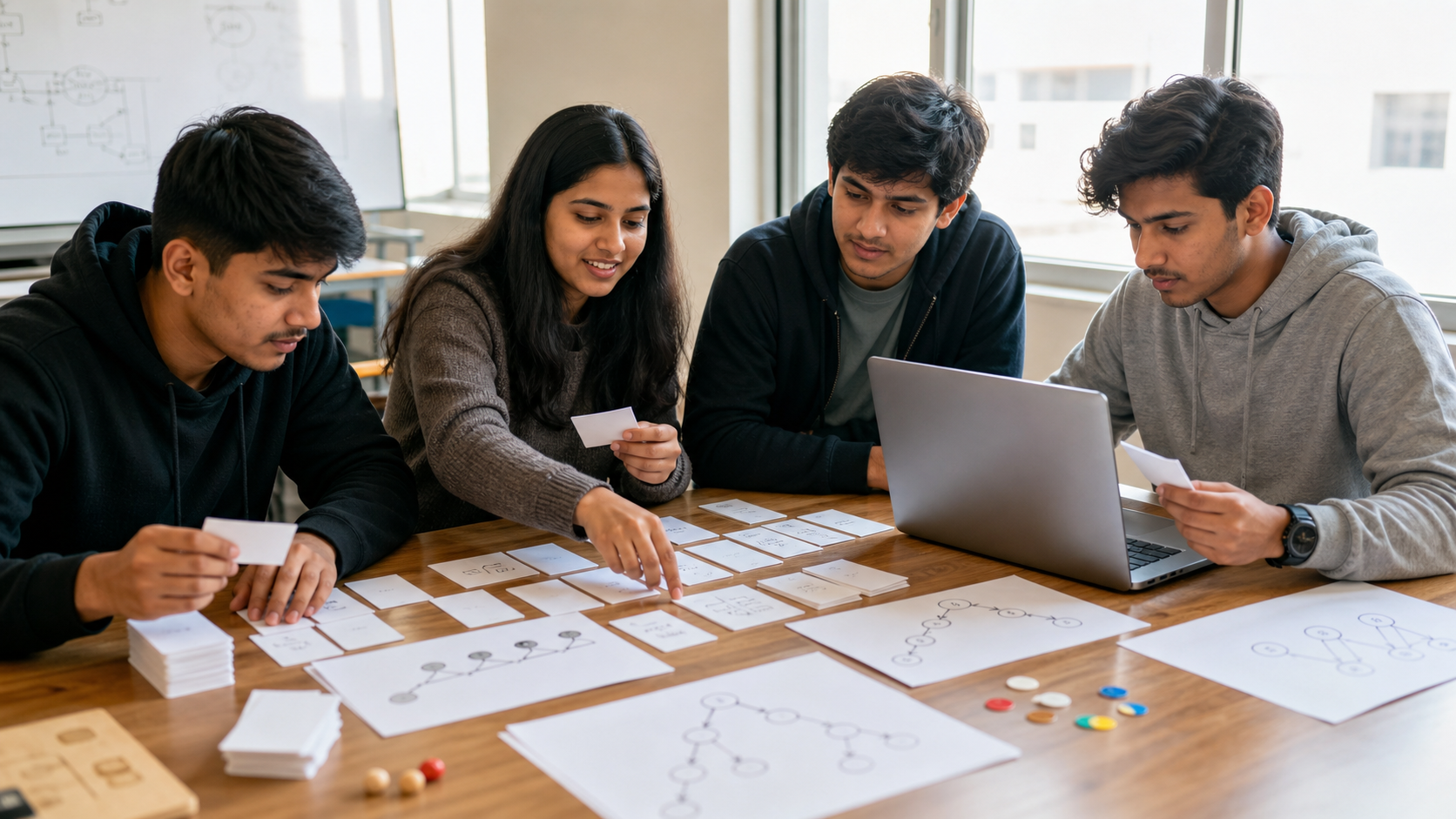 Nepali computing students learning data structures with cards and diagrams