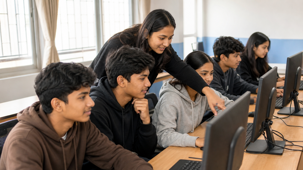 SEE graduates exploring practical IT skills in a Nepal computer classroom