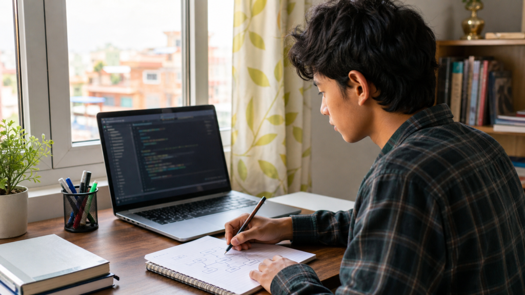 Beginner Nepali student learning programming with code and logic notes