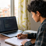 Beginner Nepali student learning programming with code and logic notes