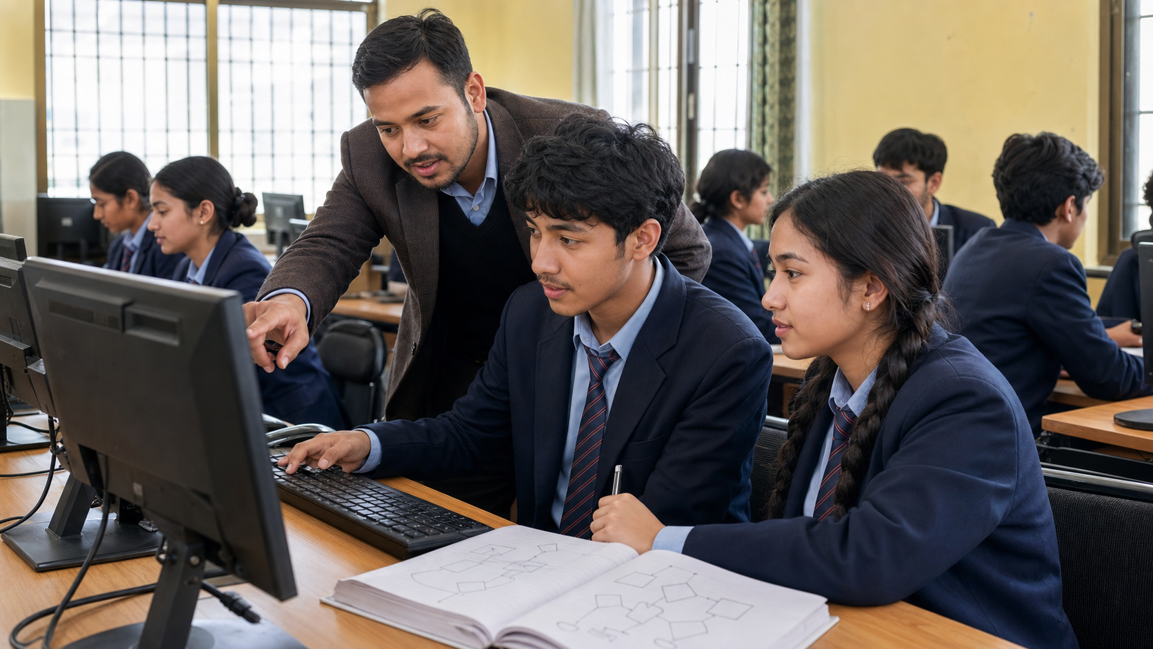Class 11 students learning programming in a Nepal computer lab