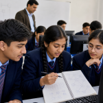 Class 12 students studying databases and networking in a computer lab