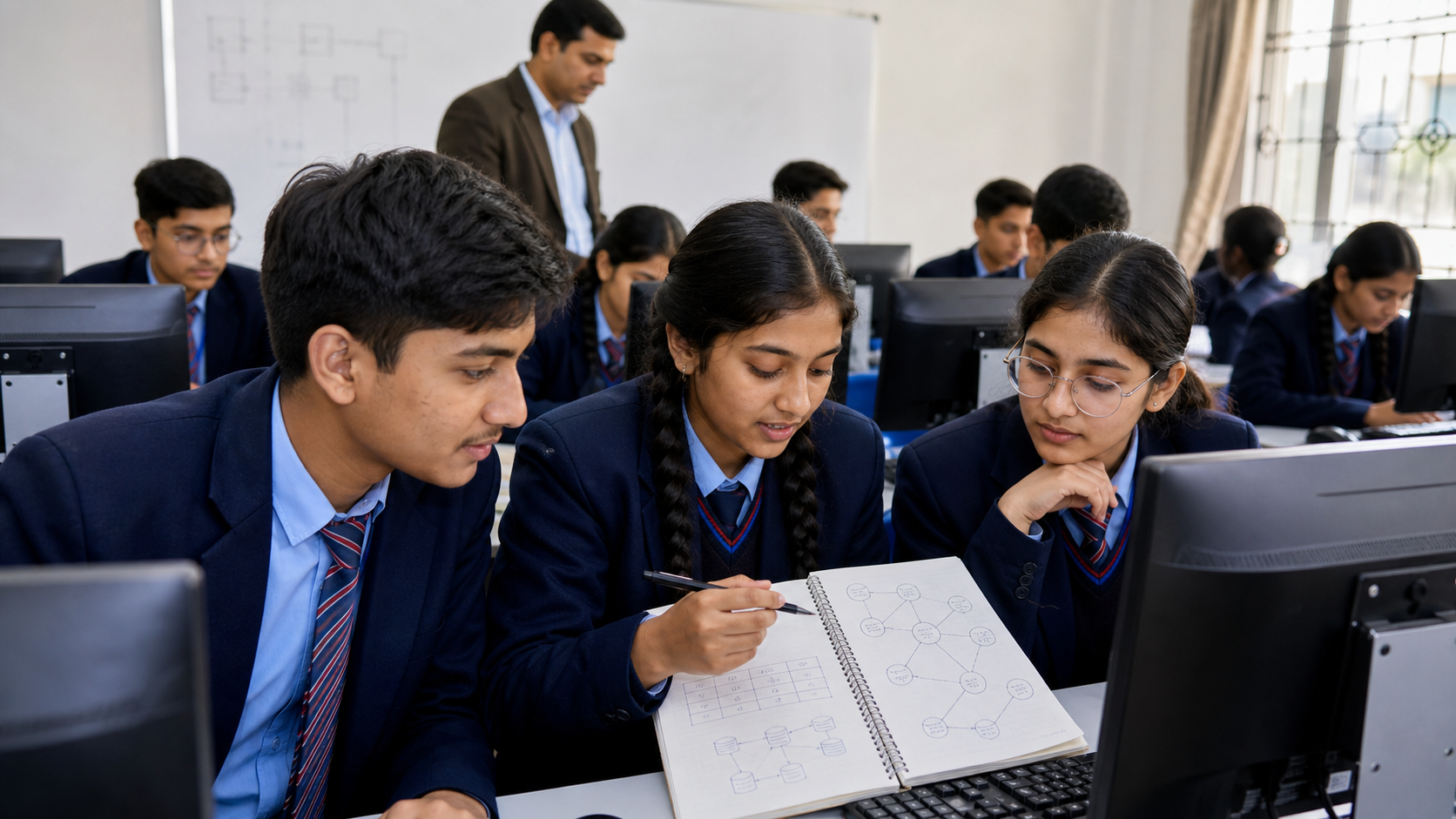 Class 12 students studying databases and networking in a computer lab