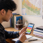 Nepali student using a general knowledge quiz app while studying