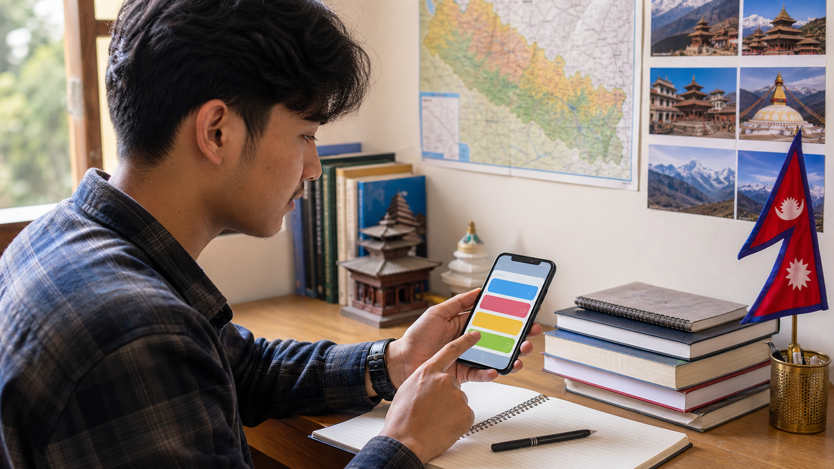 Nepali student using a general knowledge quiz app while studying