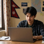 Nepali student building a freelance portfolio on a laptop