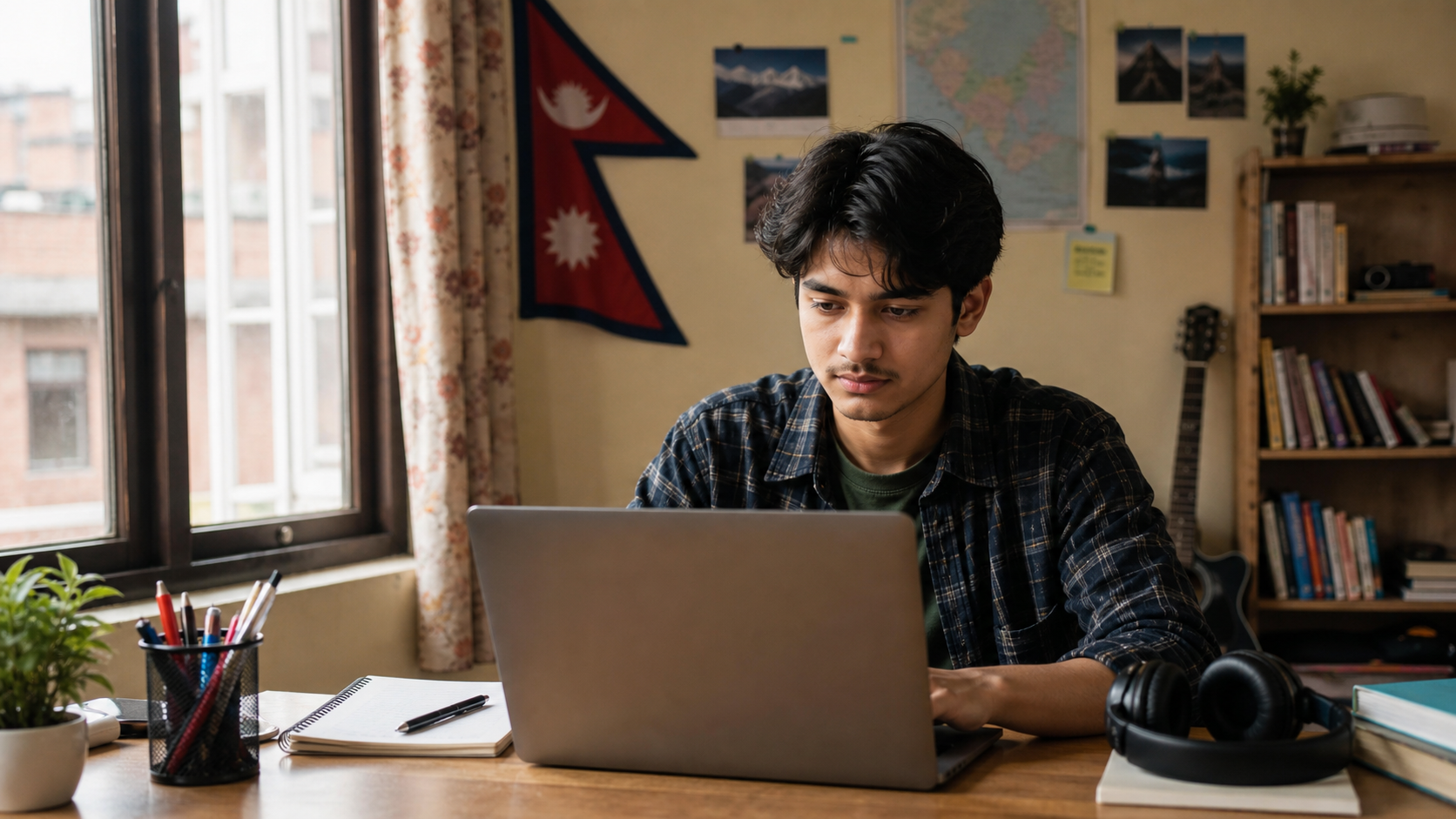 Nepali student building a freelance portfolio on a laptop