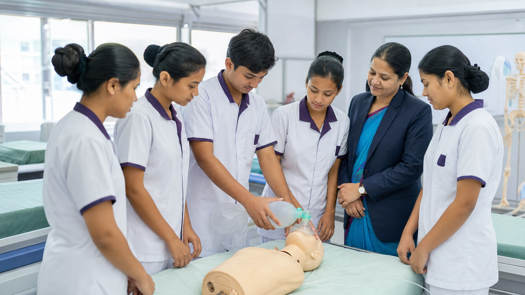 PCL Nursing students practising clinical skills in a Nepal classroom